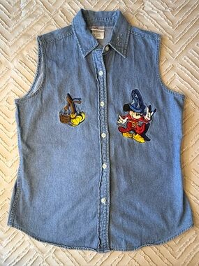 Denim Sleeveless Button-Up with Mickey Mouse Sorcerer Patch